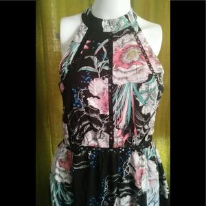 NWT SEXY Jaase Halter Cutout Back Short Summer Sundress Dress Blk Floral X Large